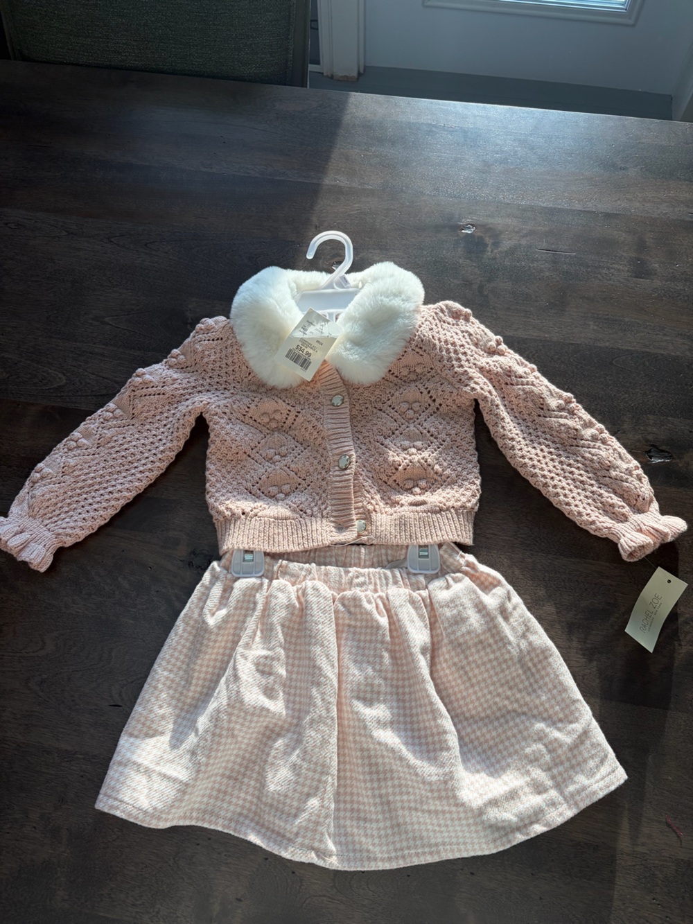 Pink Knit Cardigan and Skirt Set with Faux Fur Collar